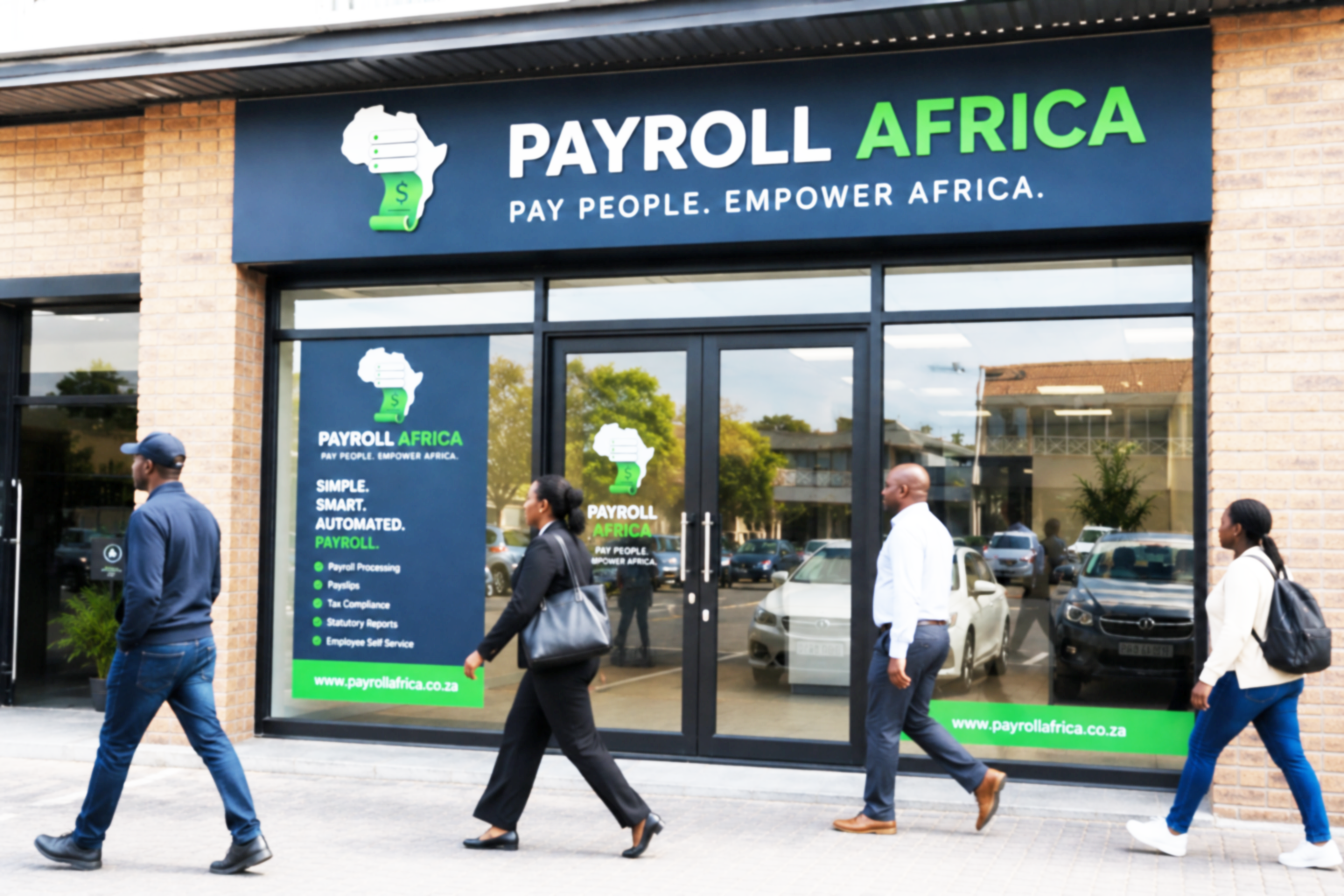 Payroll Africa storefront with staff walking past
