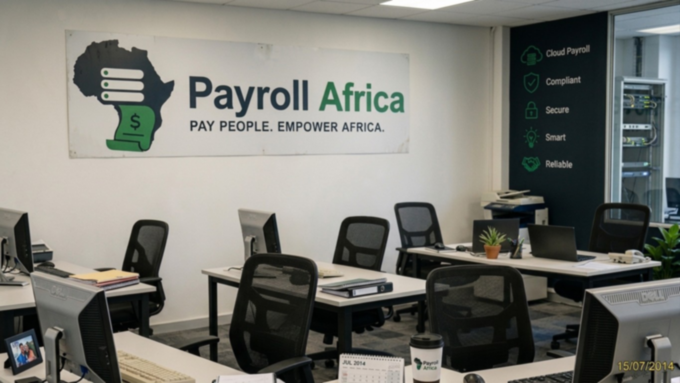 The Payroll Africa office in South Africa with the Payroll Africa wall branding